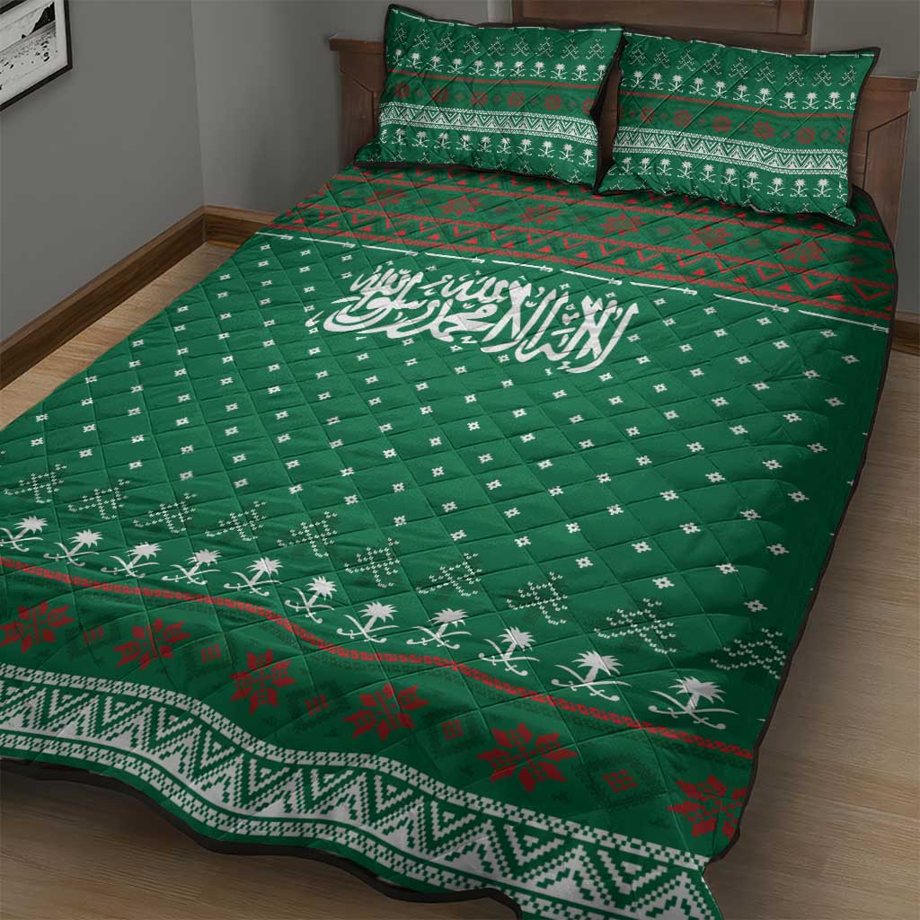 Saudi Arabia Christmas Quilt Bed Set with Green Pattern, Traditional Script Motif, and Camel Caravan Silhouette - Wonder Print Shop