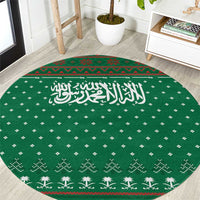 Saudi Arabia Christmas Round Carpet with Green Pattern, Traditional Script Motif, and Camel Caravan Silhouette - Wonder Print Shop