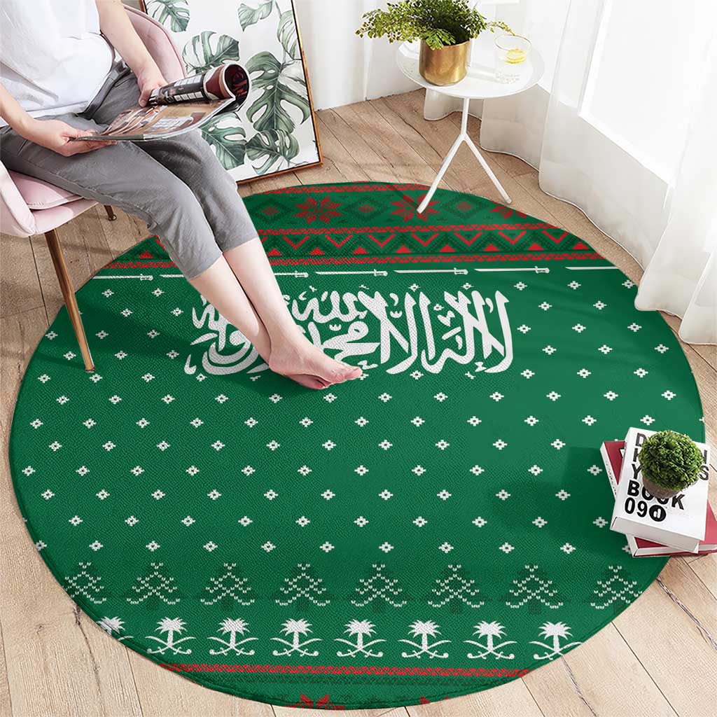 Saudi Arabia Christmas Round Carpet with Green Pattern, Traditional Script Motif, and Camel Caravan Silhouette - Wonder Print Shop