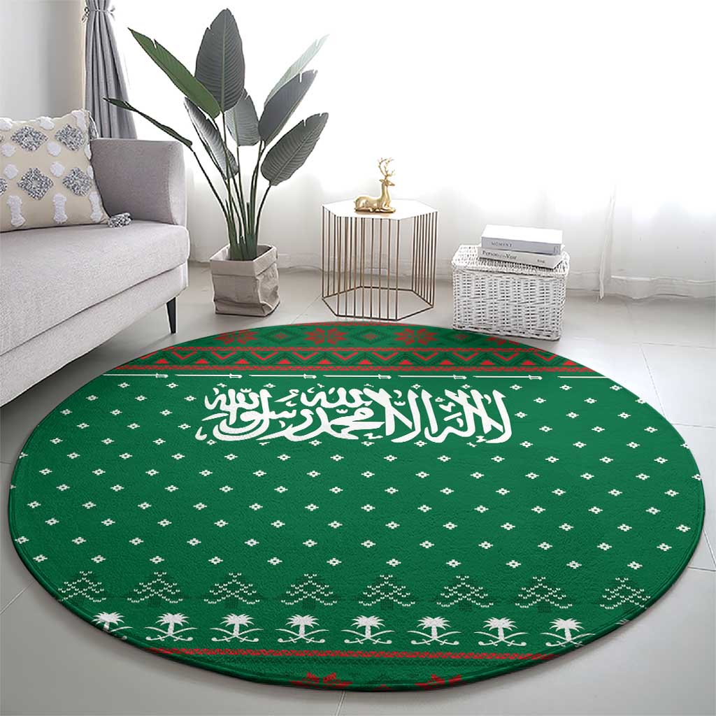 Saudi Arabia Christmas Round Carpet with Green Pattern, Traditional Script Motif, and Camel Caravan Silhouette - Wonder Print Shop