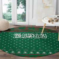 Saudi Arabia Christmas Round Carpet with Green Pattern, Traditional Script Motif, and Camel Caravan Silhouette - Wonder Print Shop