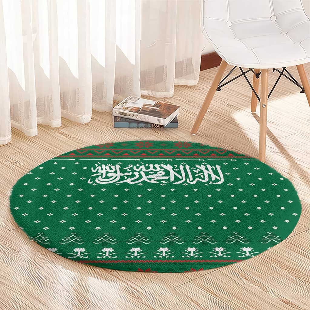 Saudi Arabia Christmas Round Carpet with Green Pattern, Traditional Script Motif, and Camel Caravan Silhouette - Wonder Print Shop