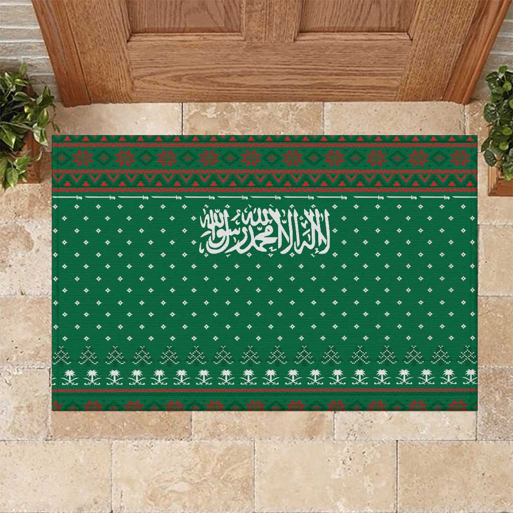 Saudi Arabia Christmas Rubber Doormat with Green Pattern, Traditional Script Motif, and Camel Caravan Silhouette - Wonder Print Shop