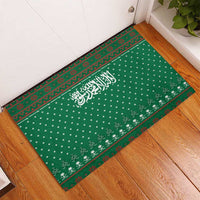 Saudi Arabia Christmas Rubber Doormat with Green Pattern, Traditional Script Motif, and Camel Caravan Silhouette - Wonder Print Shop
