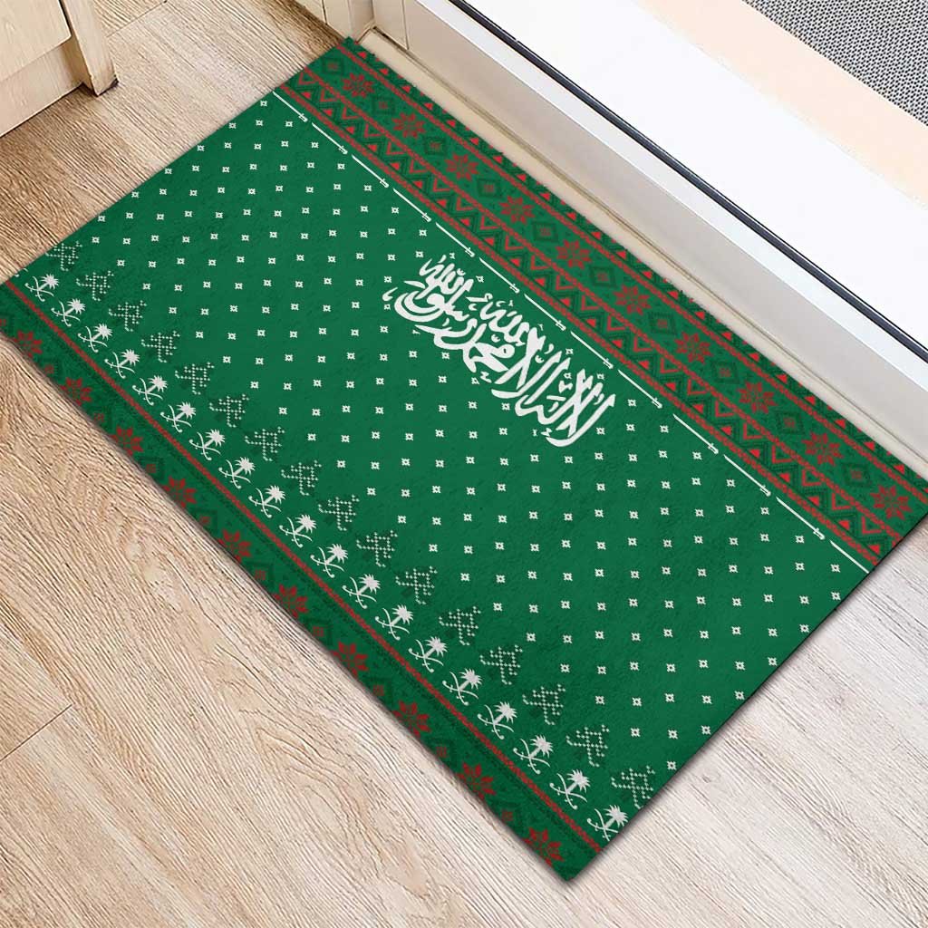 Saudi Arabia Christmas Rubber Doormat with Green Pattern, Traditional Script Motif, and Camel Caravan Silhouette - Wonder Print Shop