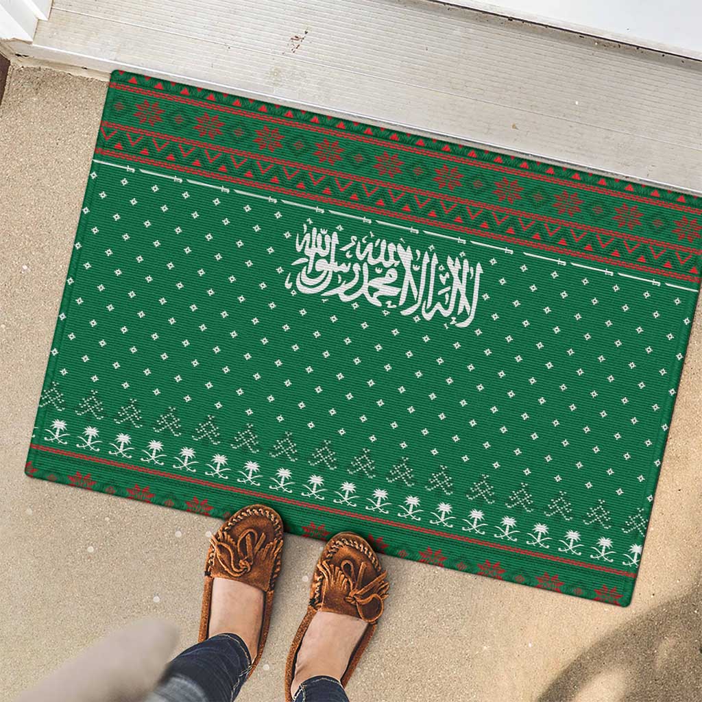 Saudi Arabia Christmas Rubber Doormat with Green Pattern, Traditional Script Motif, and Camel Caravan Silhouette - Wonder Print Shop