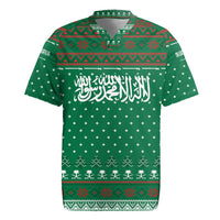 Saudi Arabia Christmas Rugby Jersey with Green Pattern, Traditional Script Motif, and Camel Caravan Silhouette - Wonder Print Shop