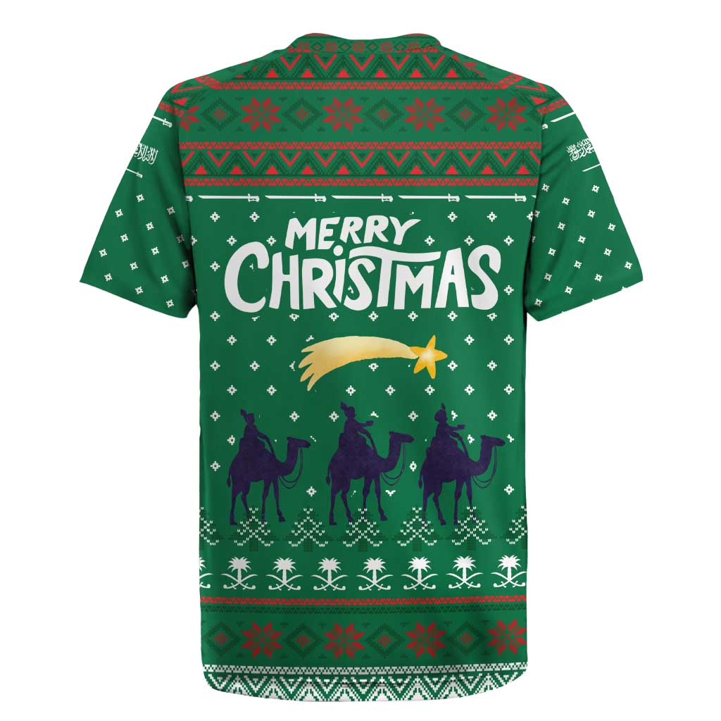 Saudi Arabia Christmas Rugby Jersey with Green Pattern, Traditional Script Motif, and Camel Caravan Silhouette - Wonder Print Shop