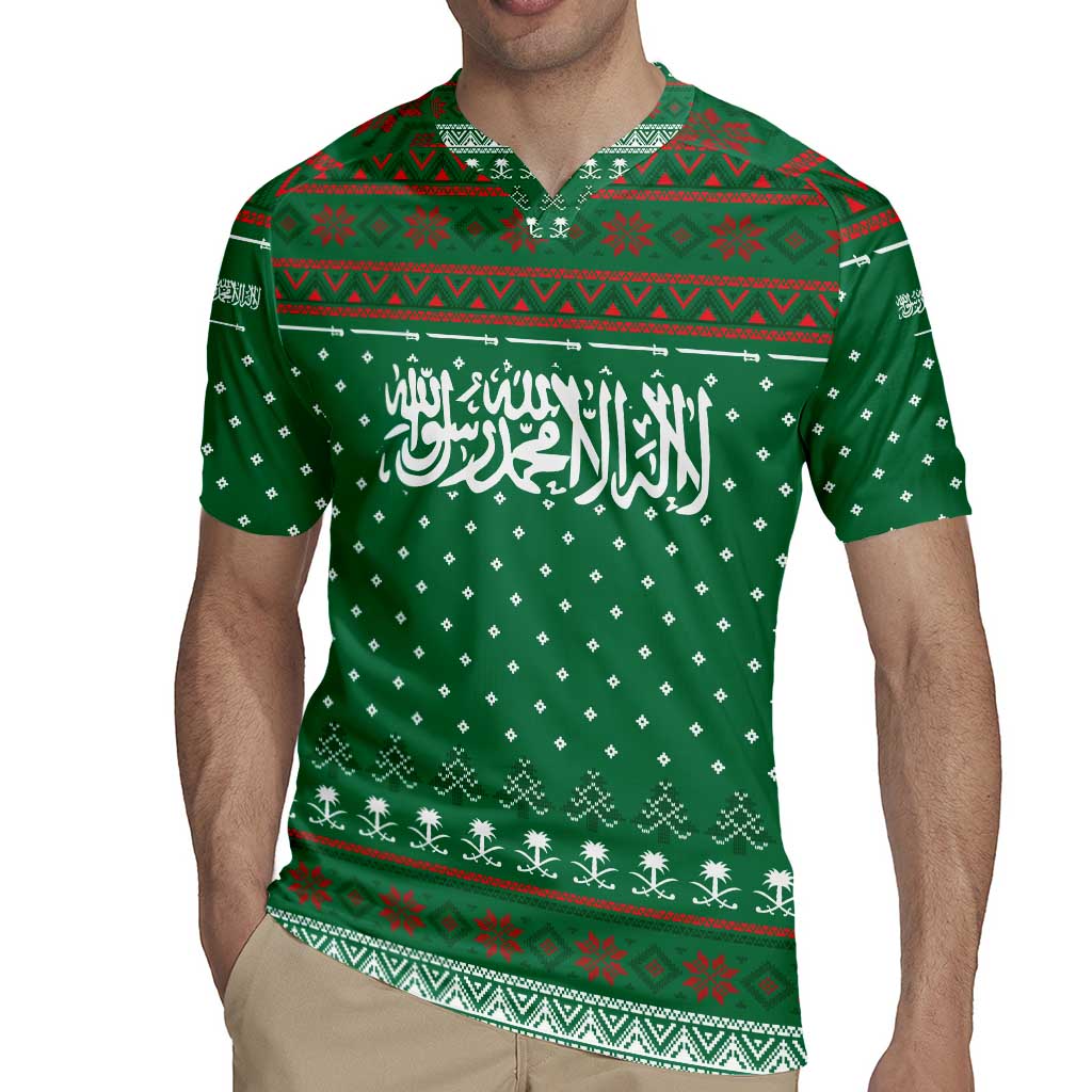 Saudi Arabia Christmas Rugby Jersey with Green Pattern, Traditional Script Motif, and Camel Caravan Silhouette - Wonder Print Shop