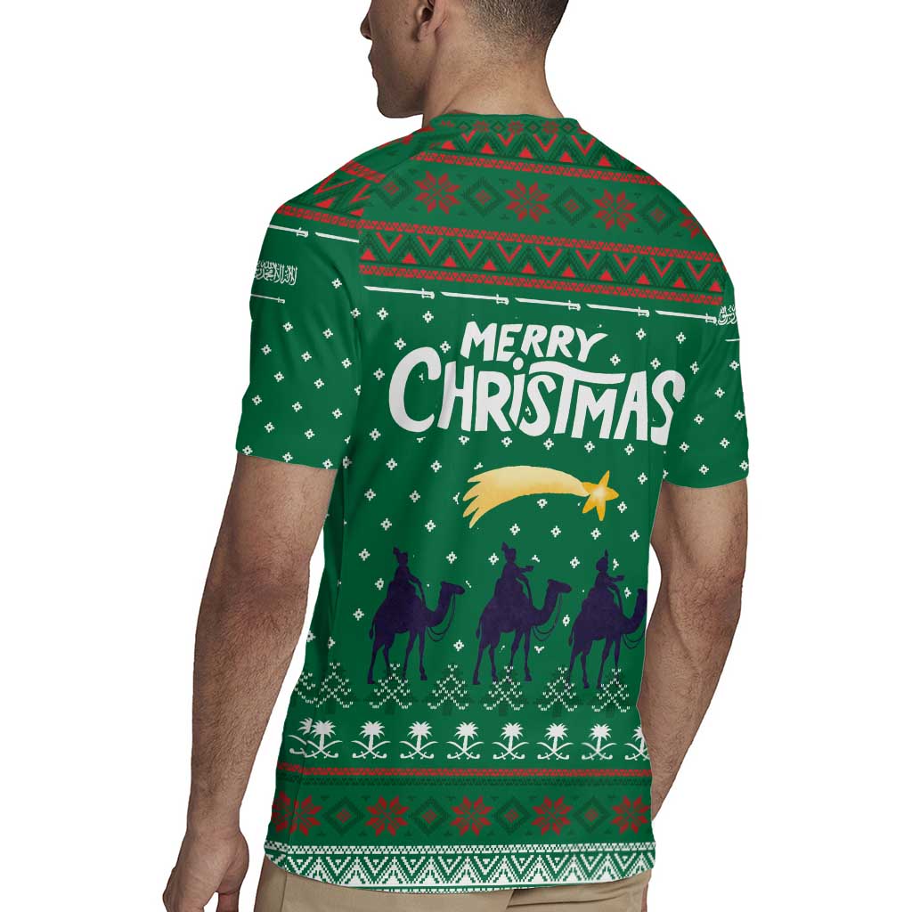 Saudi Arabia Christmas Rugby Jersey with Green Pattern, Traditional Script Motif, and Camel Caravan Silhouette - Wonder Print Shop