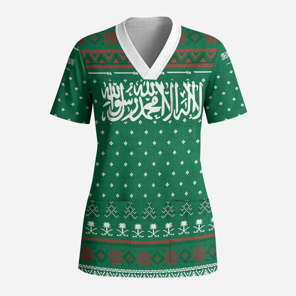 Saudi Arabia Christmas Scrub Top with Green Pattern, Traditional Script Motif, and Camel Caravan Silhouette - Wonder Print Shop