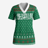 Saudi Arabia Christmas Scrub Top with Green Pattern, Traditional Script Motif, and Camel Caravan Silhouette - Wonder Print Shop