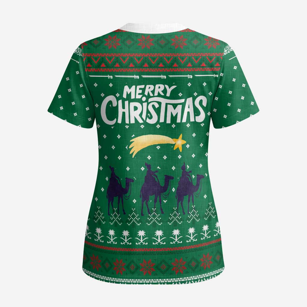 Saudi Arabia Christmas Scrub Top with Green Pattern, Traditional Script Motif, and Camel Caravan Silhouette - Wonder Print Shop