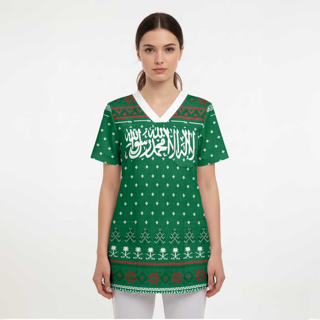 Saudi Arabia Christmas Scrub Top with Green Pattern, Traditional Script Motif, and Camel Caravan Silhouette - Wonder Print Shop