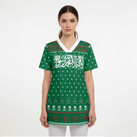 Saudi Arabia Christmas Scrub Top with Green Pattern, Traditional Script Motif, and Camel Caravan Silhouette - Wonder Print Shop