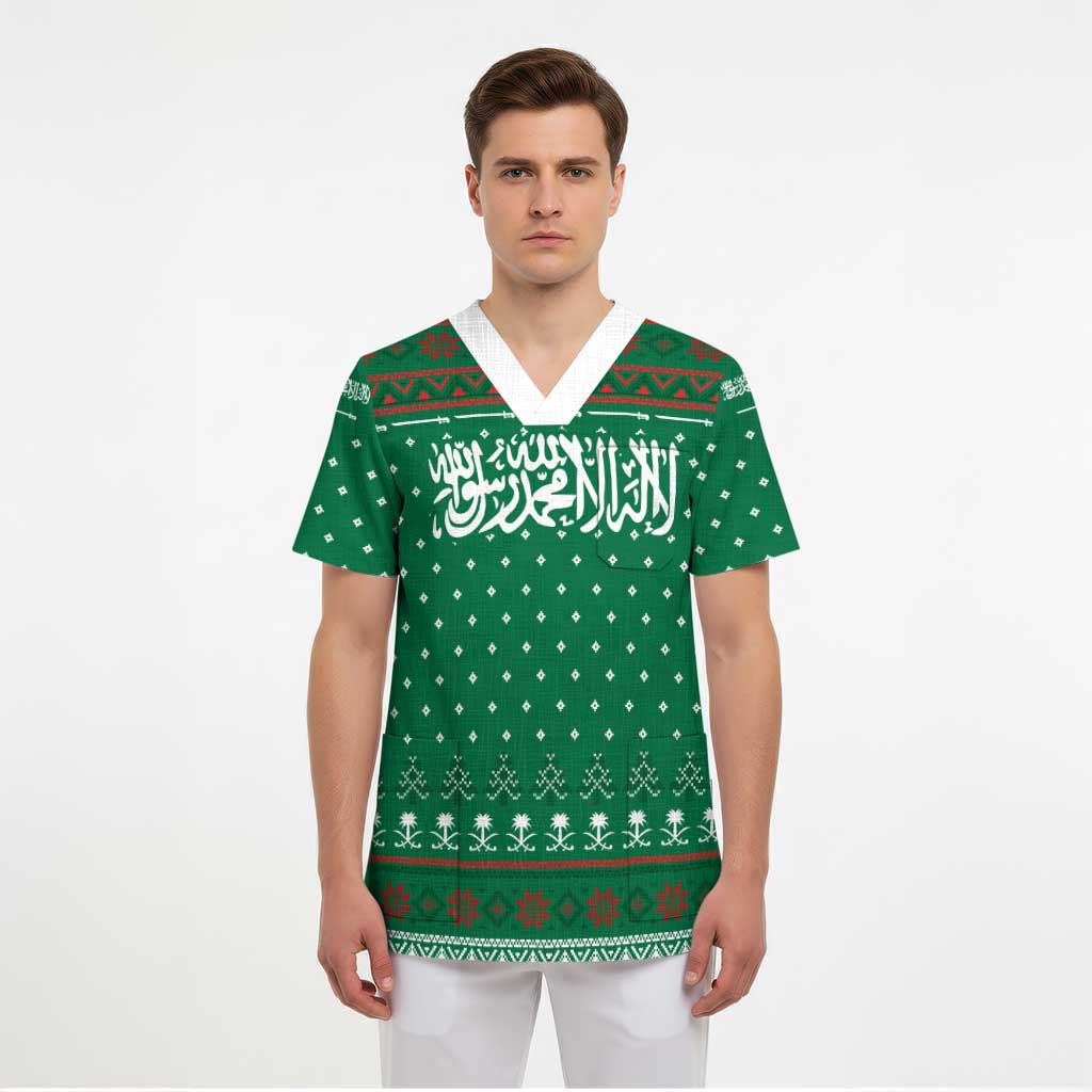 Saudi Arabia Christmas Scrub Top with Green Pattern, Traditional Script Motif, and Camel Caravan Silhouette - Wonder Print Shop