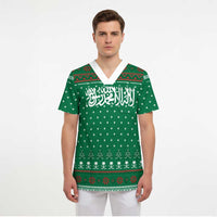 Saudi Arabia Christmas Scrub Top with Green Pattern, Traditional Script Motif, and Camel Caravan Silhouette - Wonder Print Shop