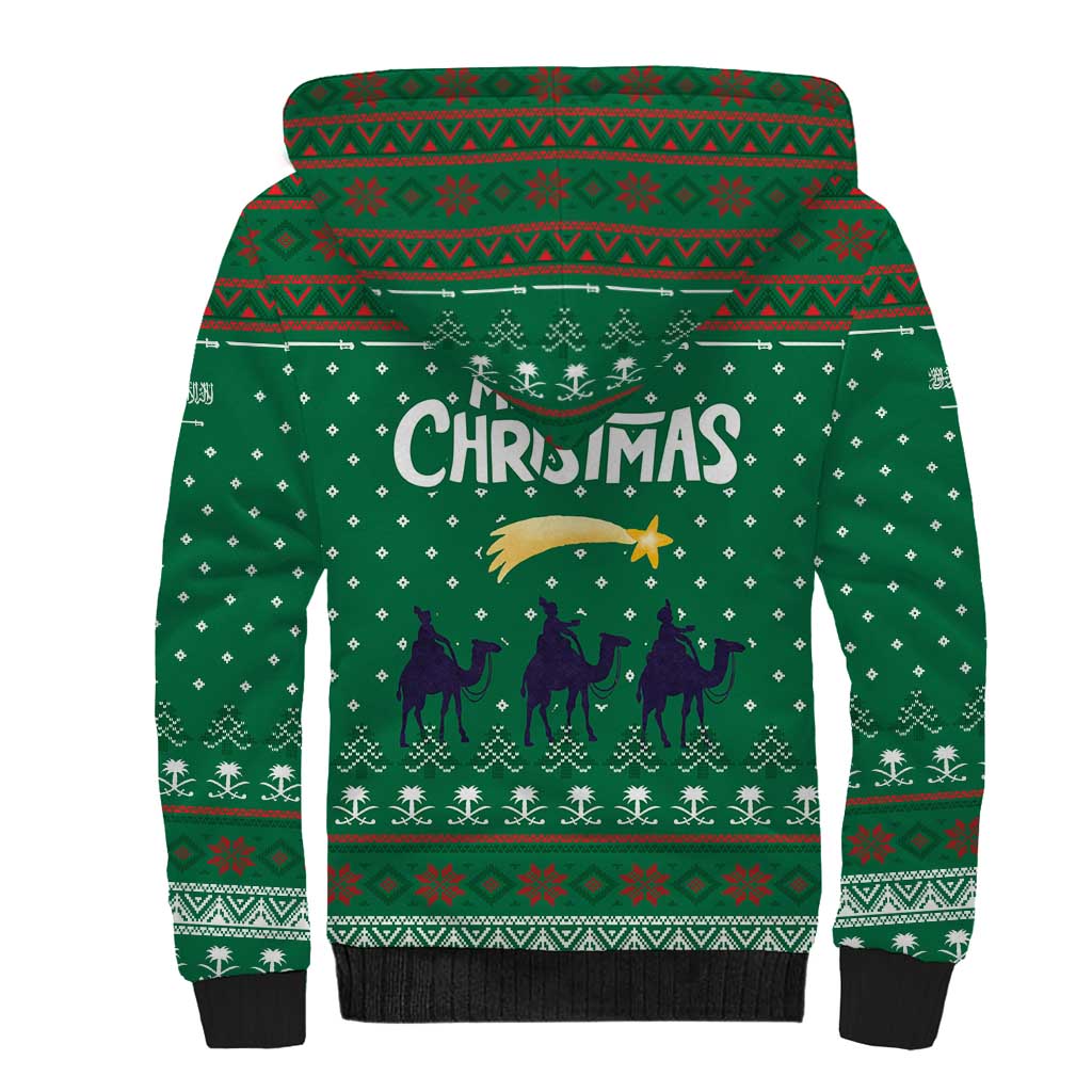 Saudi Arabia Christmas Sherpa Hoodie with Green Pattern, Traditional Script Motif, and Camel Caravan Silhouette - Wonder Print Shop