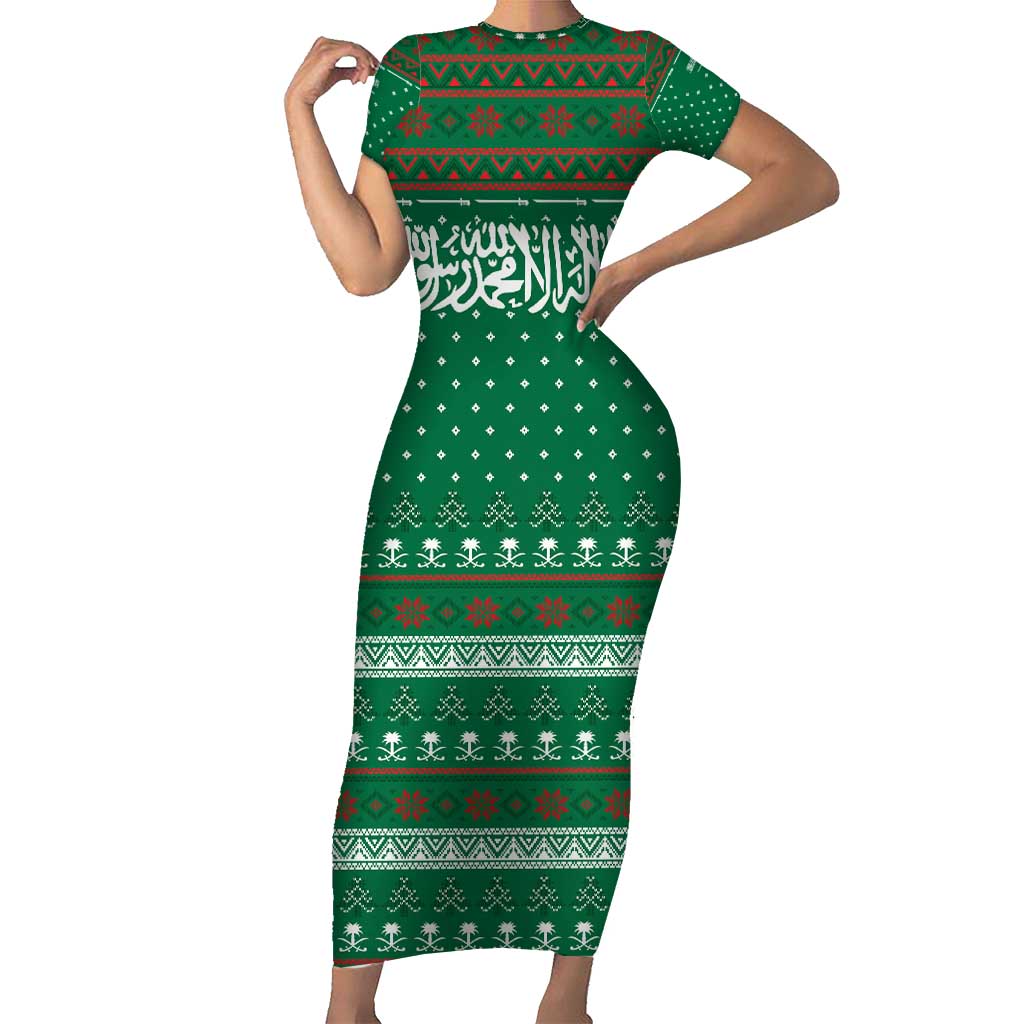 Saudi Arabia Christmas Short Sleeve Bodycon Dress with Green Pattern, Traditional Script Motif, and Camel Caravan Silhouette - Wonder Print Shop