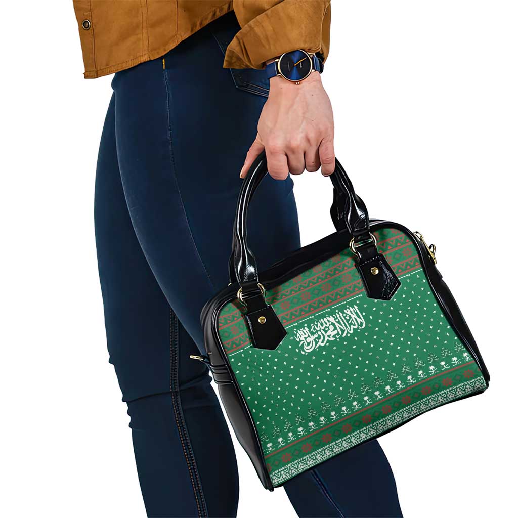 Saudi Arabia Christmas Shoulder Handbag with Green Pattern, Traditional Script Motif, and Camel Caravan Silhouette - Wonder Print Shop