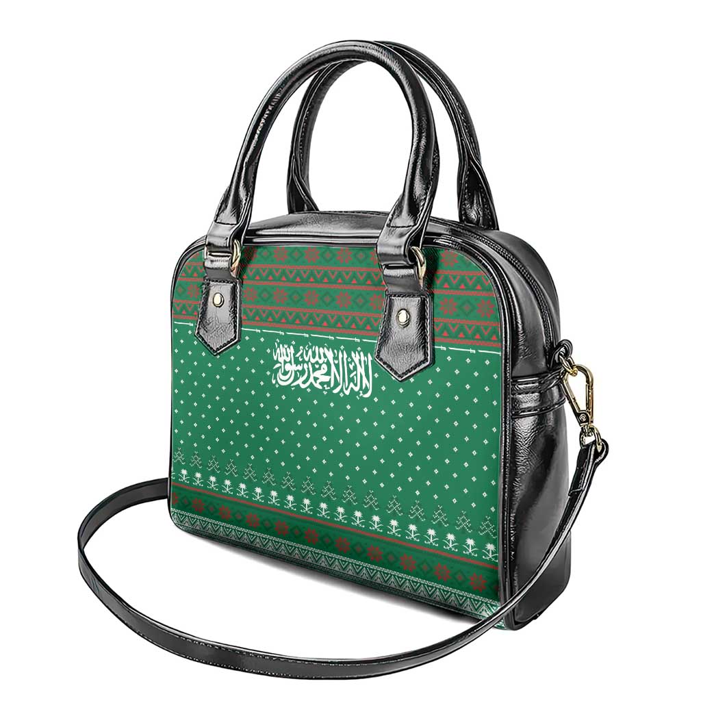 Saudi Arabia Christmas Shoulder Handbag with Green Pattern, Traditional Script Motif, and Camel Caravan Silhouette - Wonder Print Shop