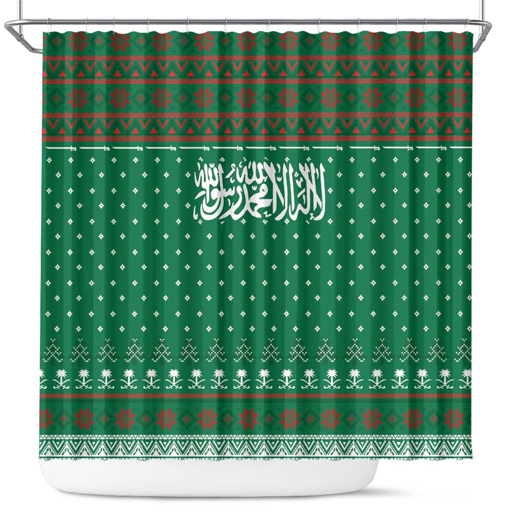 Saudi Arabia Christmas Shower Curtain with Green Pattern, Traditional Script Motif, and Camel Caravan Silhouette - Wonder Print Shop
