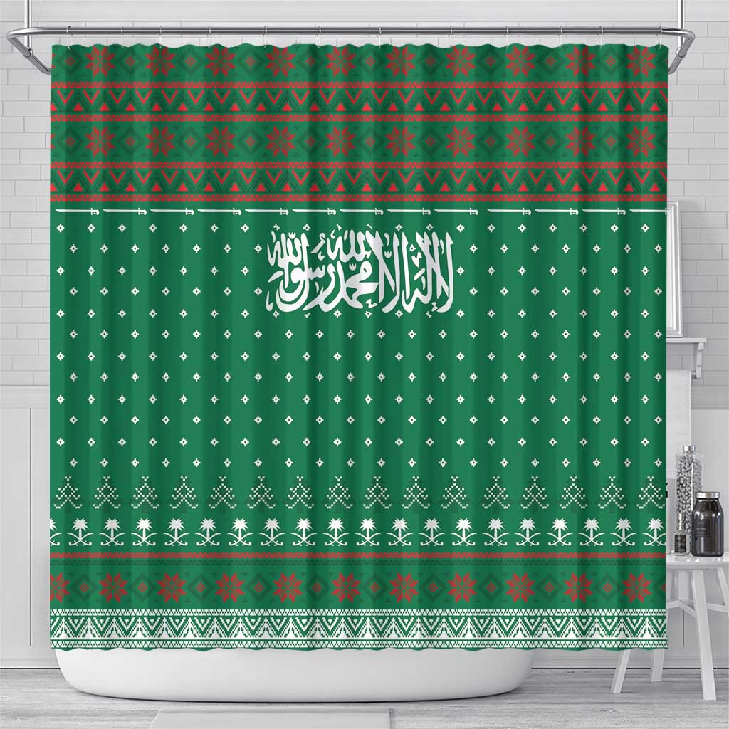 Saudi Arabia Christmas Shower Curtain with Green Pattern, Traditional Script Motif, and Camel Caravan Silhouette - Wonder Print Shop