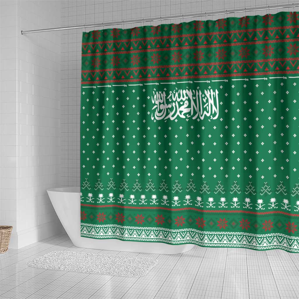Saudi Arabia Christmas Shower Curtain with Green Pattern, Traditional Script Motif, and Camel Caravan Silhouette - Wonder Print Shop