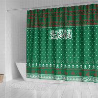 Saudi Arabia Christmas Shower Curtain with Green Pattern, Traditional Script Motif, and Camel Caravan Silhouette - Wonder Print Shop