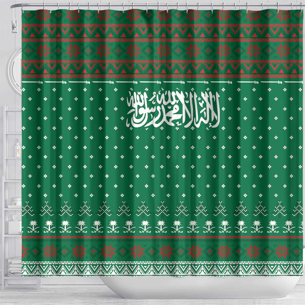 Saudi Arabia Christmas Shower Curtain with Green Pattern, Traditional Script Motif, and Camel Caravan Silhouette - Wonder Print Shop