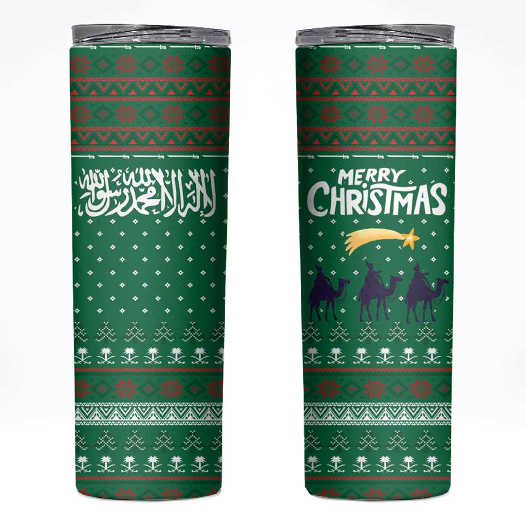 Saudi Arabia Christmas Skinny Tumbler with Green Pattern, Traditional Script Motif, and Camel Caravan Silhouette - Wonder Print Shop