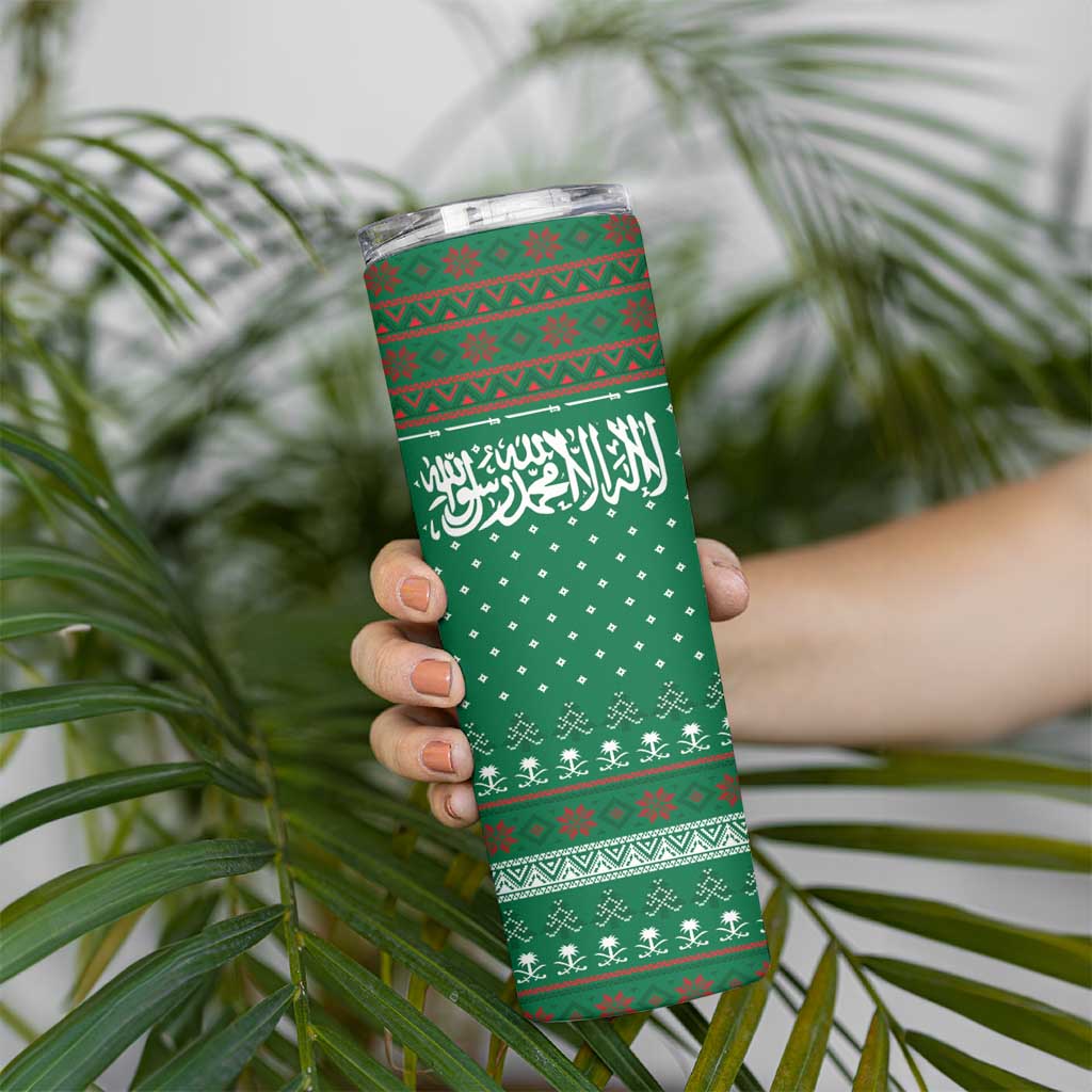Saudi Arabia Christmas Skinny Tumbler with Green Pattern, Traditional Script Motif, and Camel Caravan Silhouette - Wonder Print Shop