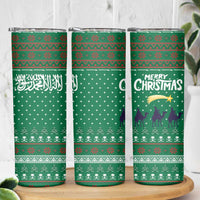 Saudi Arabia Christmas Skinny Tumbler with Green Pattern, Traditional Script Motif, and Camel Caravan Silhouette - Wonder Print Shop