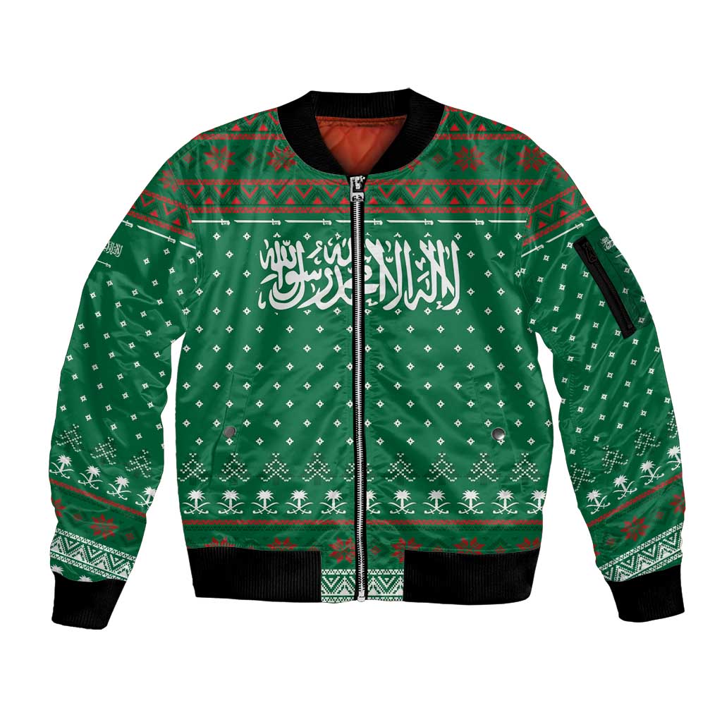Saudi Arabia Christmas Sleeve Zip Bomber Jacket with Green Pattern, Traditional Script Motif, and Camel Caravan Silhouette - Wonder Print Shop