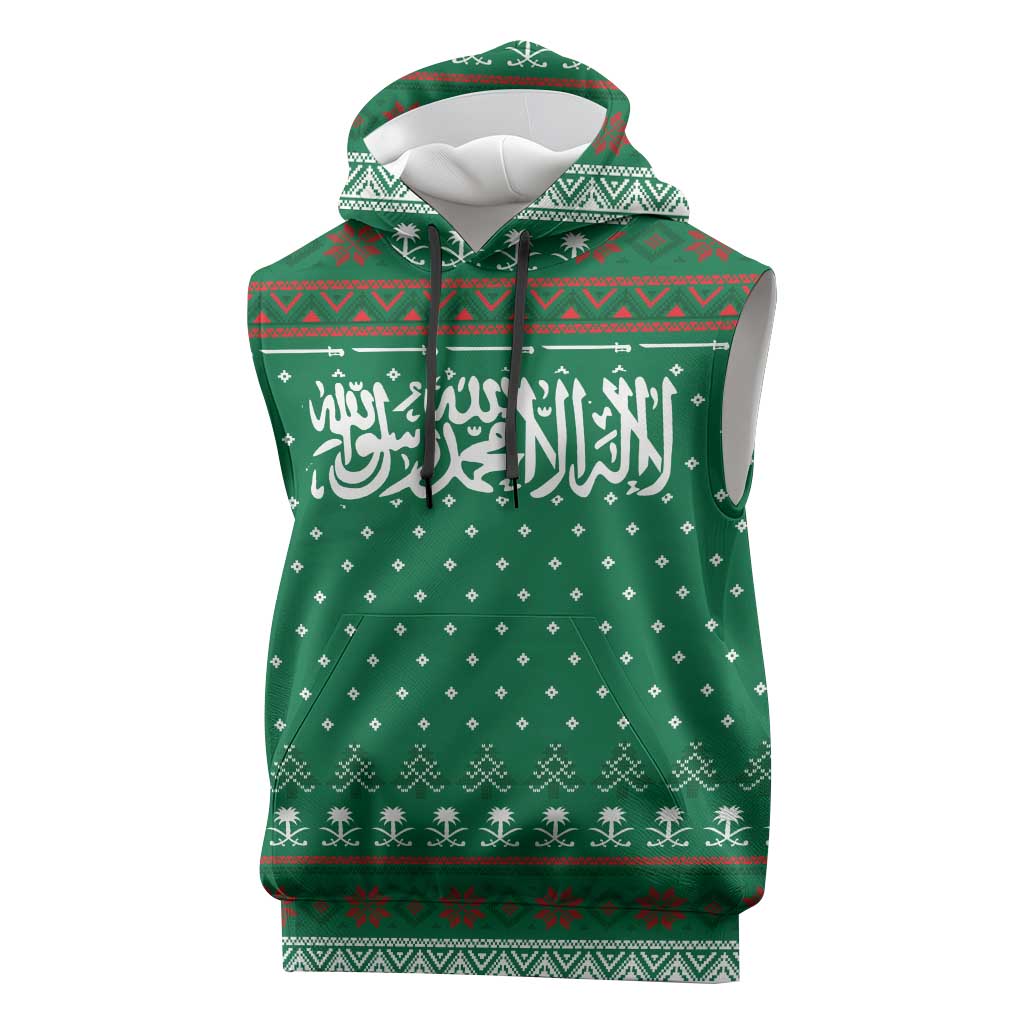 Saudi Arabia Christmas Sleeveless Hoodie with Green Pattern, Traditional Script Motif, and Camel Caravan Silhouette - Wonder Print Shop