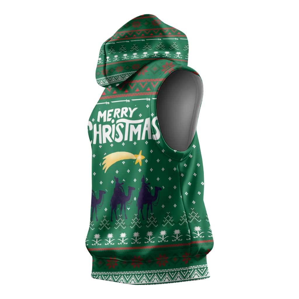 Saudi Arabia Christmas Sleeveless Hoodie with Green Pattern, Traditional Script Motif, and Camel Caravan Silhouette - Wonder Print Shop
