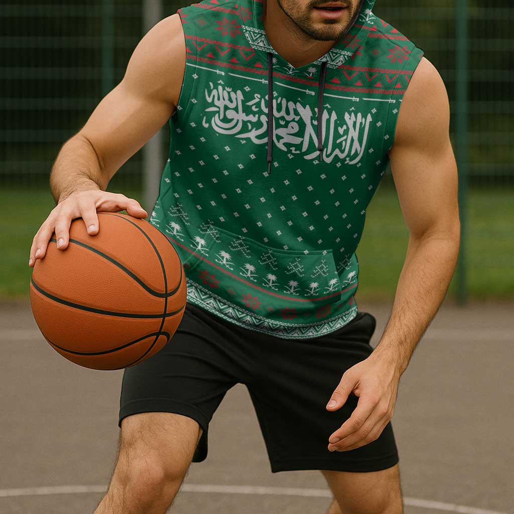 Saudi Arabia Christmas Sleeveless Hoodie with Green Pattern, Traditional Script Motif, and Camel Caravan Silhouette - Wonder Print Shop