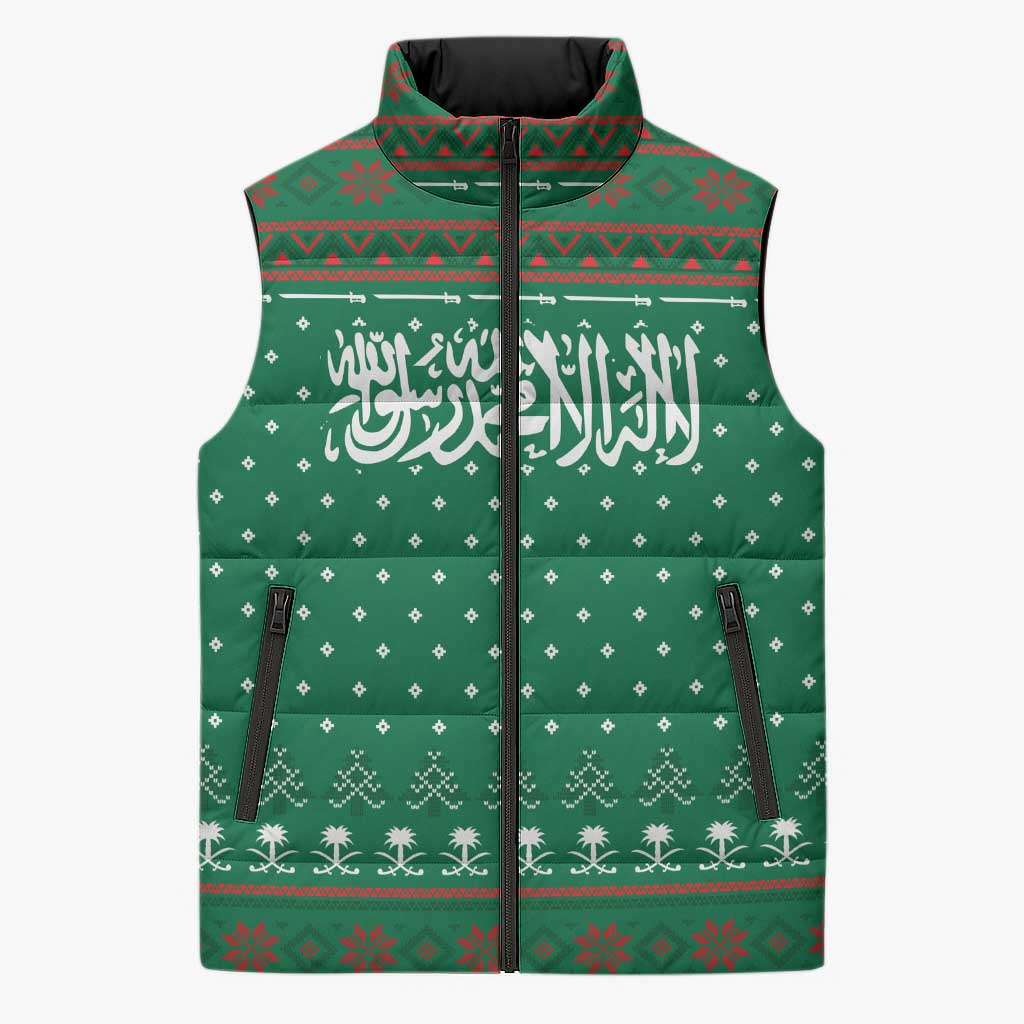 Saudi Arabia Christmas Sleeveless Puffer Jacket with Green Pattern, Traditional Script Motif, and Camel Caravan Silhouette - Wonder Print Shop