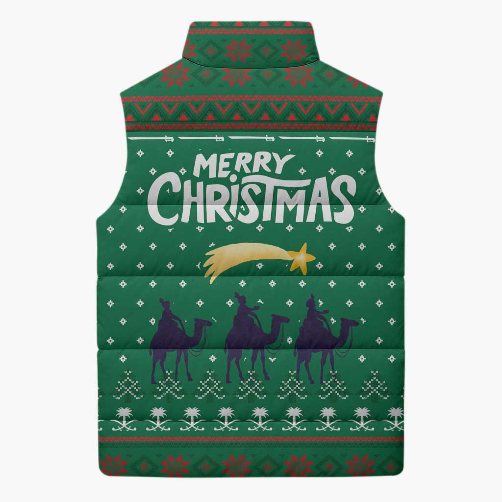 Saudi Arabia Christmas Sleeveless Puffer Jacket with Green Pattern, Traditional Script Motif, and Camel Caravan Silhouette - Wonder Print Shop