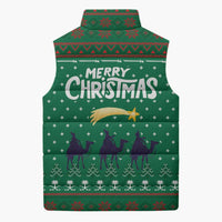 Saudi Arabia Christmas Sleeveless Puffer Jacket with Green Pattern, Traditional Script Motif, and Camel Caravan Silhouette - Wonder Print Shop