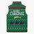 Saudi Arabia Christmas Sleeveless Puffer Jacket with Green Pattern, Traditional Script Motif, and Camel Caravan Silhouette - Wonder Print Shop