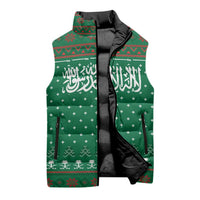 Saudi Arabia Christmas Sleeveless Puffer Jacket with Green Pattern, Traditional Script Motif, and Camel Caravan Silhouette - Wonder Print Shop