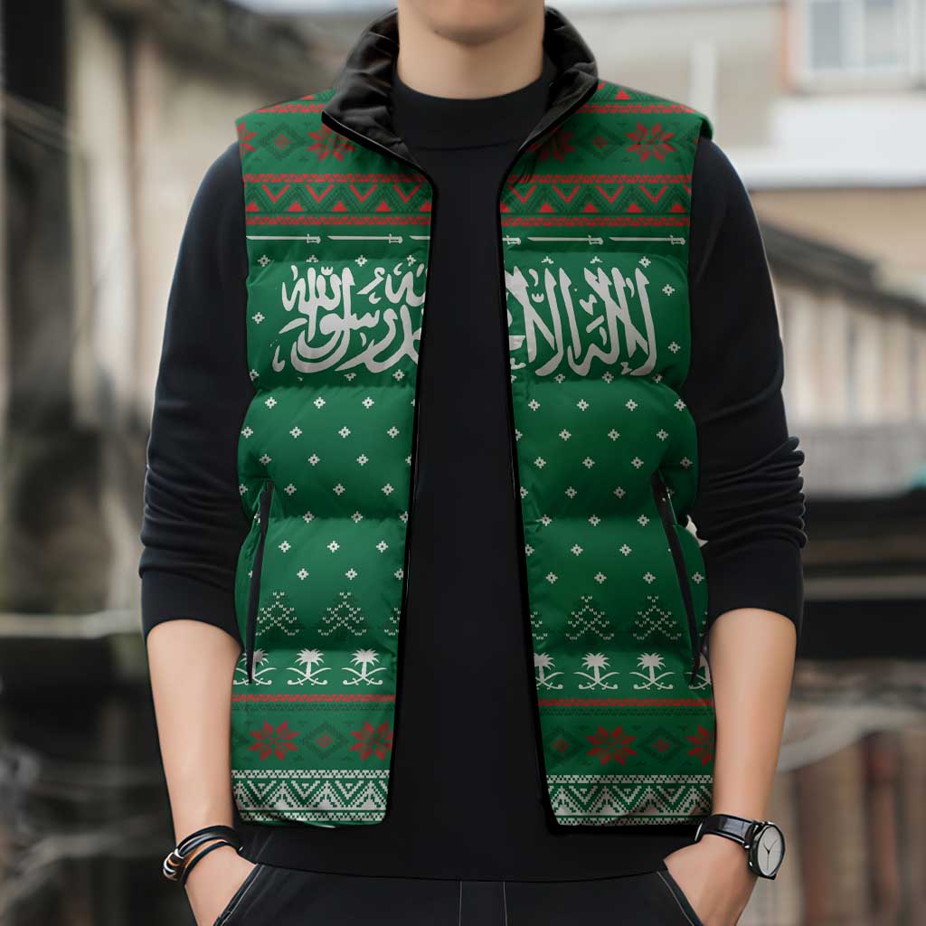 Saudi Arabia Christmas Sleeveless Puffer Jacket with Green Pattern, Traditional Script Motif, and Camel Caravan Silhouette - Wonder Print Shop