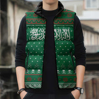 Saudi Arabia Christmas Sleeveless Puffer Jacket with Green Pattern, Traditional Script Motif, and Camel Caravan Silhouette - Wonder Print Shop