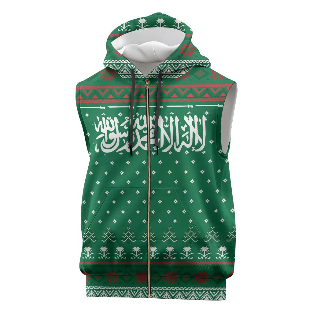 Saudi Arabia Christmas Sleeveless Zip Hoodie with Green Pattern, Traditional Script Motif, and Camel Caravan Silhouette - Wonder Print Shop