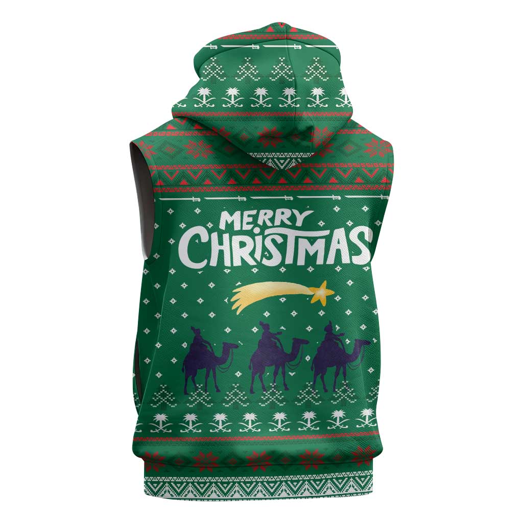 Saudi Arabia Christmas Sleeveless Zip Hoodie with Green Pattern, Traditional Script Motif, and Camel Caravan Silhouette - Wonder Print Shop