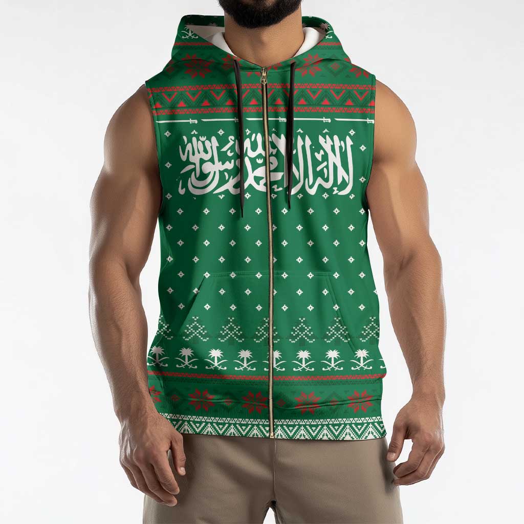 Saudi Arabia Christmas Sleeveless Zip Hoodie with Green Pattern, Traditional Script Motif, and Camel Caravan Silhouette - Wonder Print Shop