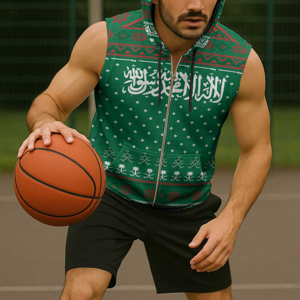 Saudi Arabia Christmas Sleeveless Zip Hoodie with Green Pattern, Traditional Script Motif, and Camel Caravan Silhouette - Wonder Print Shop