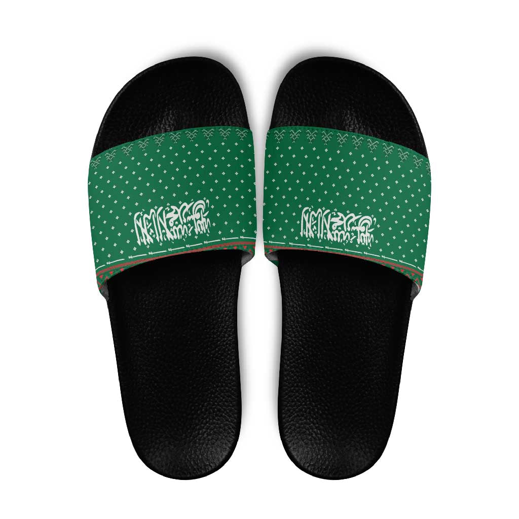 Saudi Arabia Christmas Slide Sandals with Green Pattern, Traditional Script Motif, and Camel Caravan Silhouette - Wonder Print Shop
