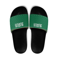 Saudi Arabia Christmas Slide Sandals with Green Pattern, Traditional Script Motif, and Camel Caravan Silhouette - Wonder Print Shop